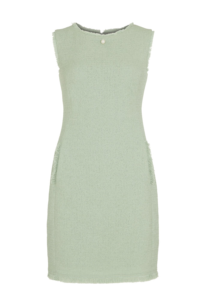 Frayed Sleeveless Tweed Shift Dress - Light Dusty Green