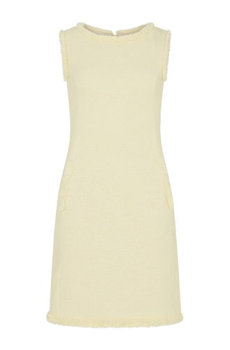 Frayed Sleeveless Tweed Shift Dress - Pale Yellow