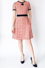 Load image into Gallery viewer, A-Line Grosgrain-Trimmed Couture Tweed Dress with Sleeves - Hot Orange/Black/White/Gold

