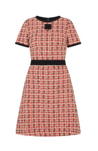 Load image into Gallery viewer, A-Line Grosgrain-Trimmed Couture Tweed Dress with Sleeves - Hot Orange/Black/White/Gold
