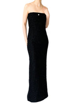 Load image into Gallery viewer, Strapless Full Length Evening Dress - Black Couture Tweed Dress with Pearl
