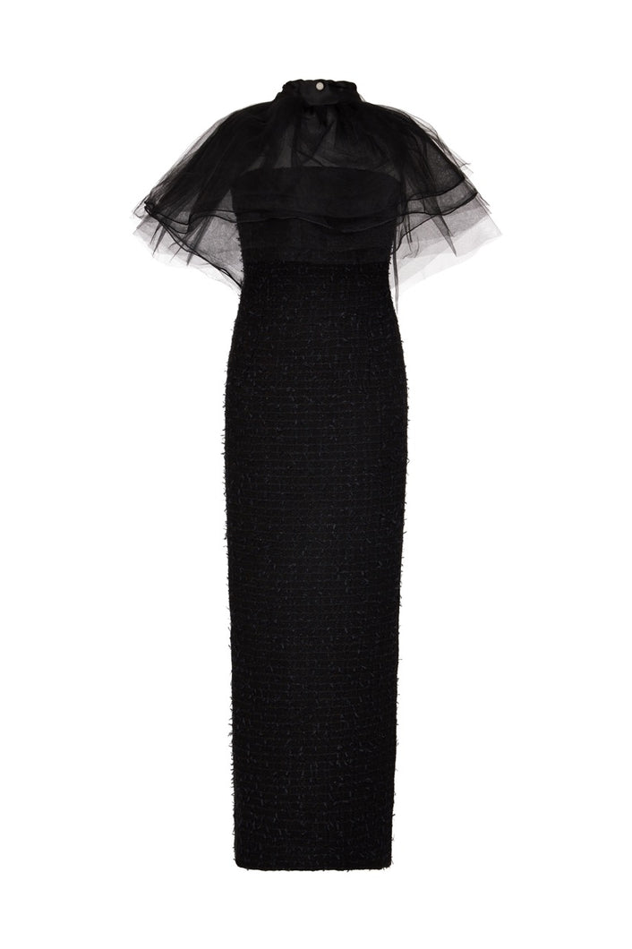 Ruffle collar with strapless full length couture tweed evening gown - Black